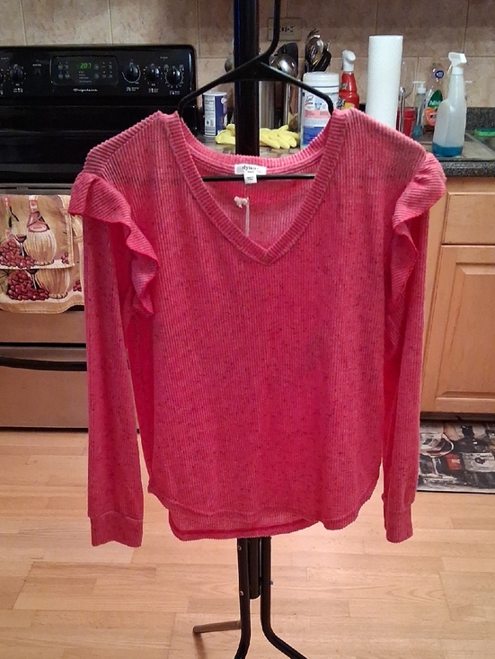 dylan Tops - dylan Coral Pink V-Neck Ruffle-Shoulder Pullover